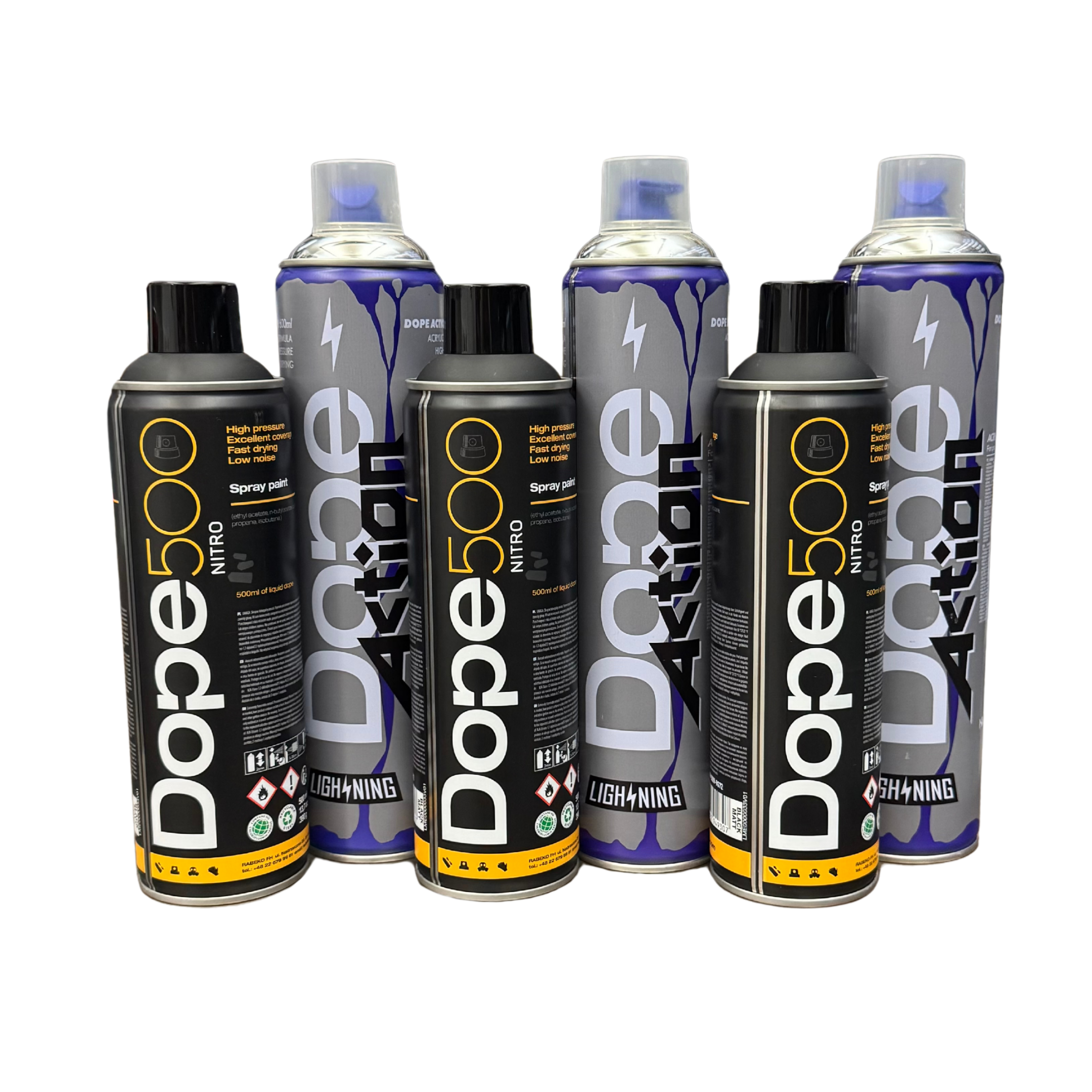 ACTION BOMBING 6-PACK /3x 500 ml Dope Nitro + 3x 600 ml Limited Edition Dope Chrome + Night Quill cap