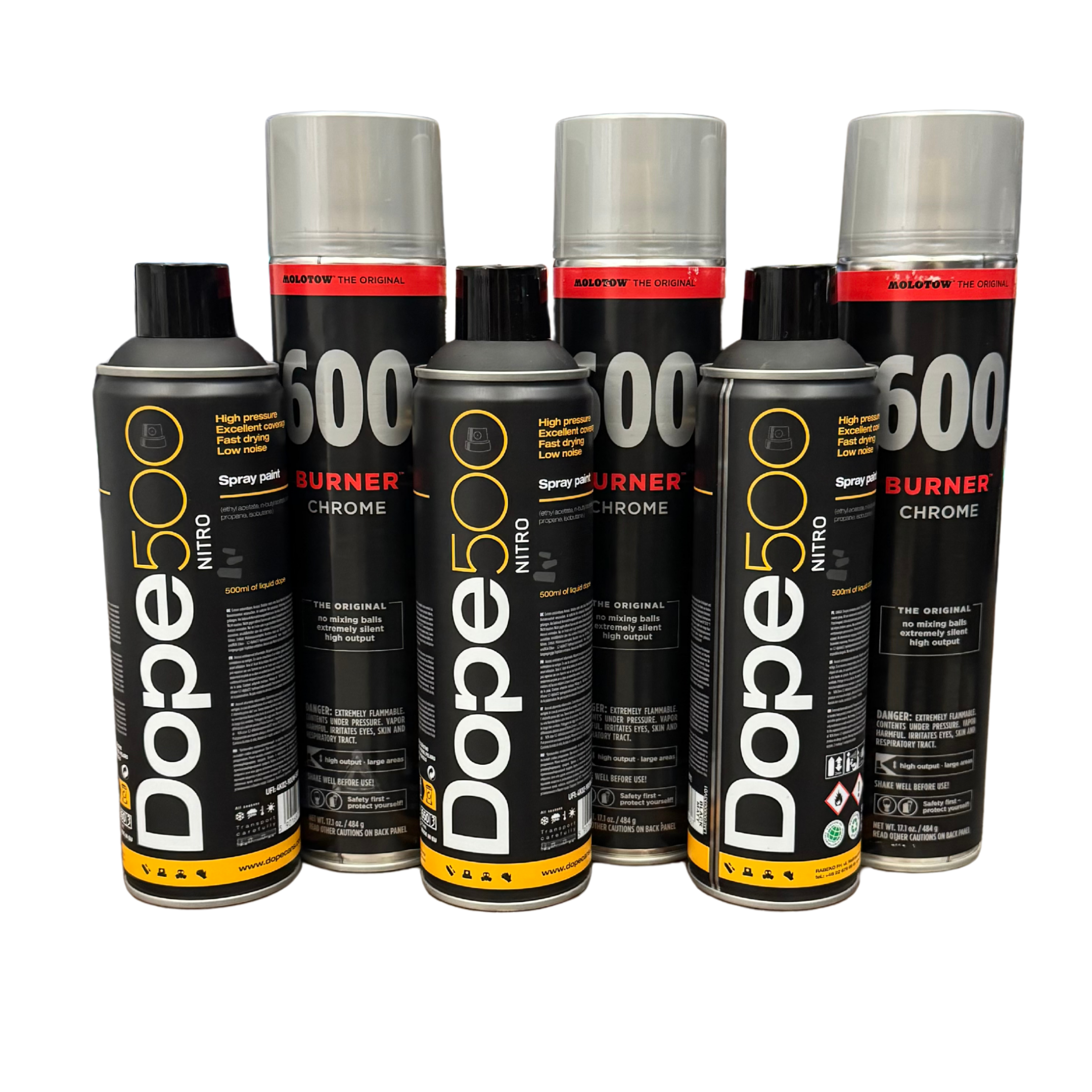 BURNER BOMBING 6-PACK /3x 500 ml Dope Nitro + 3x 600 ml Burner Chrome